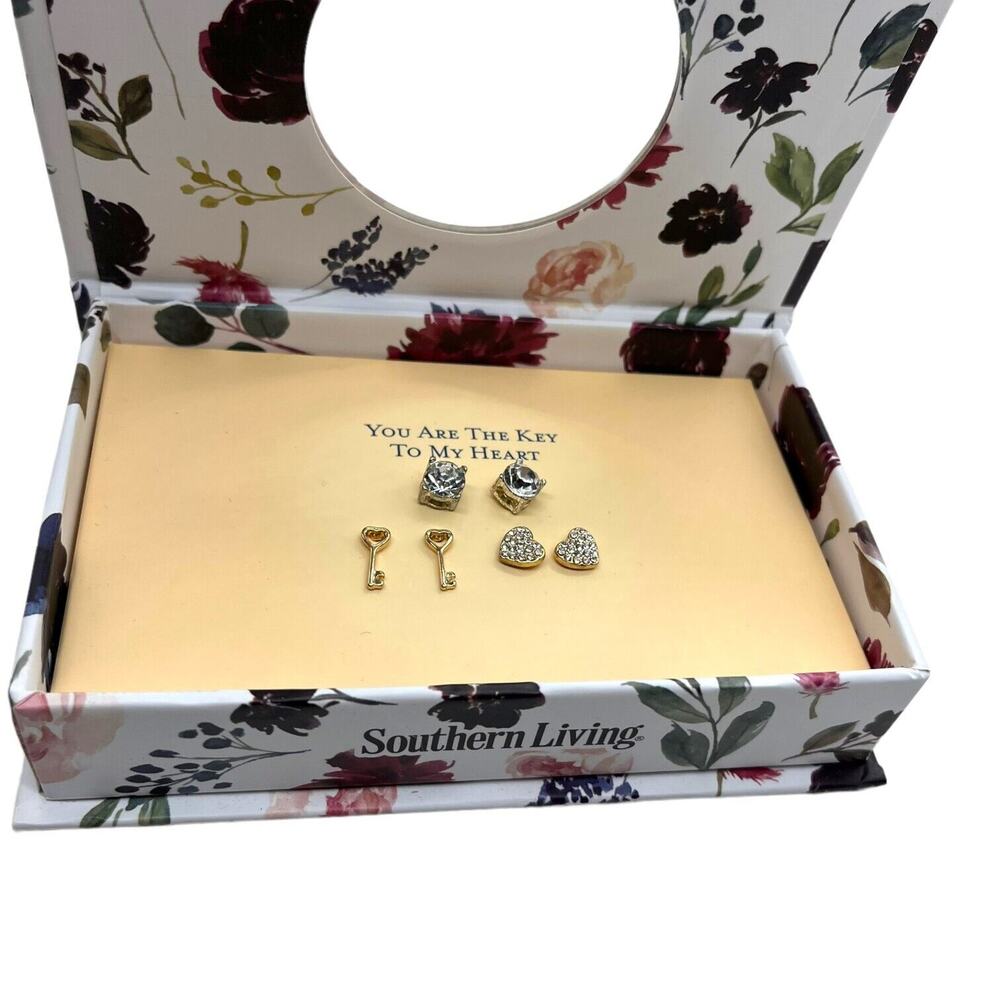 Southern Living Earring Set Womens Key to My Heart Three Pairs Key Heart Stud